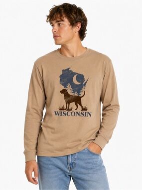NWT Homie Tan Long-Sleeve Crewneck with Navy Wisconsin Dog Graphic